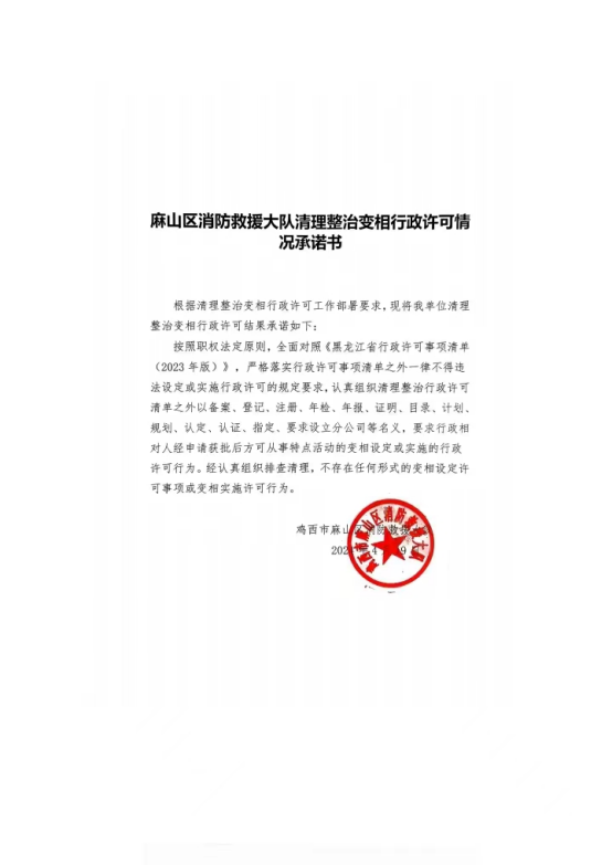 麻山区消防救援大队清理整治变相行政许可情况承诺书