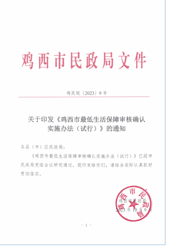 关于印发《鸡西市最低生活保障审核确认实施办法(试行)》的通知
